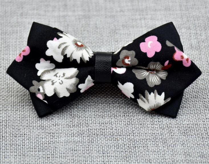 Men's Black White Floral 100% Cotton Pre-Tied Bow Tie