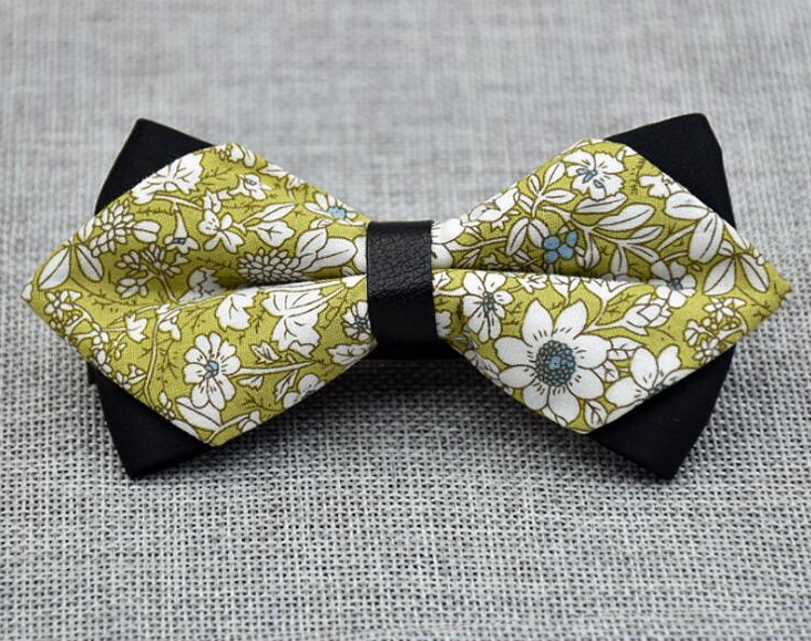 Men's Mustard Green Floral 100% Cotton Pre-Tied Bow Tie