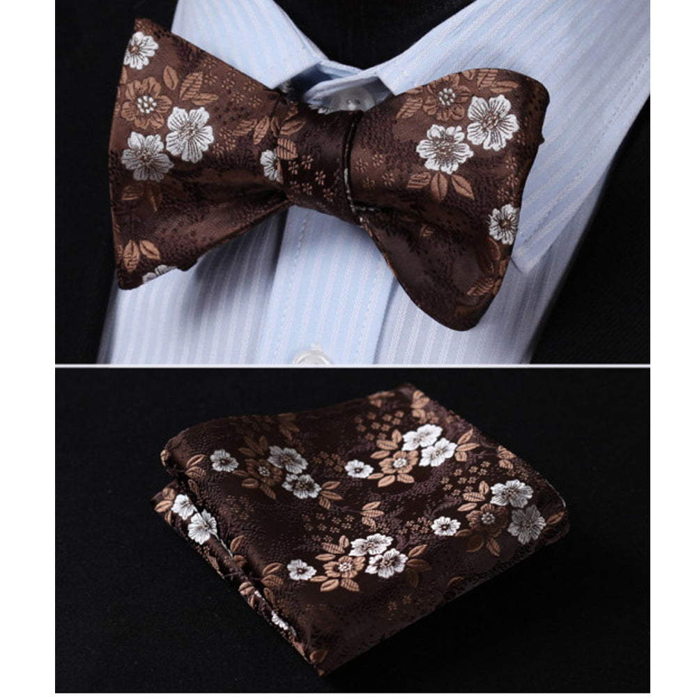 Chocolate Brown Floral Print Mens Silk Self tie Bow Tie with Pocket