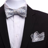 Men's Grey White Blue Paisley Silk Self Bow Tie & Handkerchief