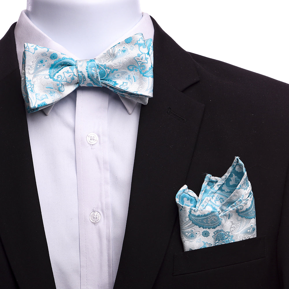 Men's Silk White Blue Paisley Self Bow Tie