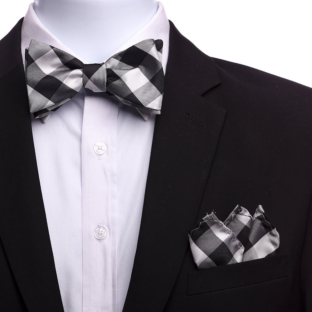 Men's Silk Black White Grey Self Bow Tie