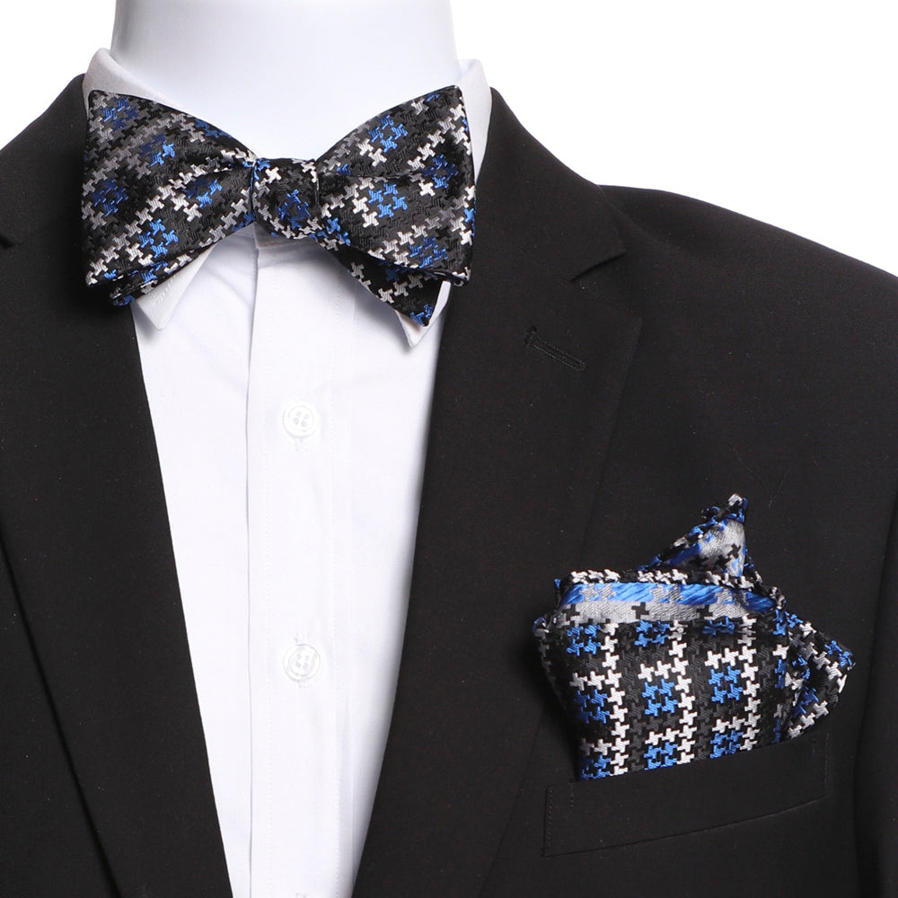 Men's Silk Black White Blue Self Bow Tie