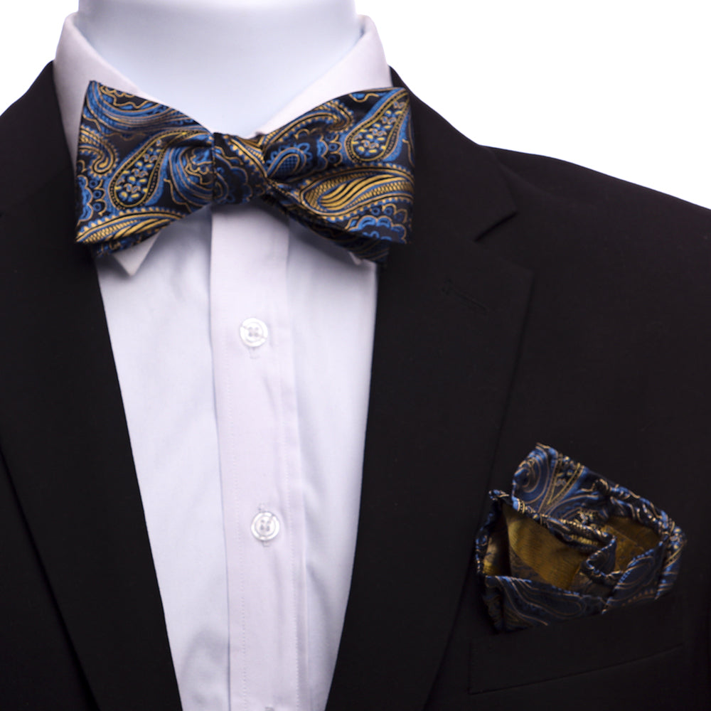 Men's Blue & Black Silk Self Bow Tie with Handkerchief