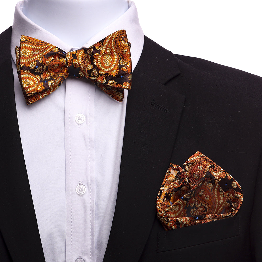 Men's Orange And Gold Paisley Silk Self Bow Tie