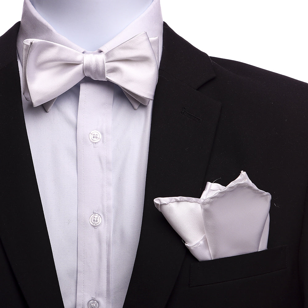 Men's White Self Bow Tie with Handkerchief