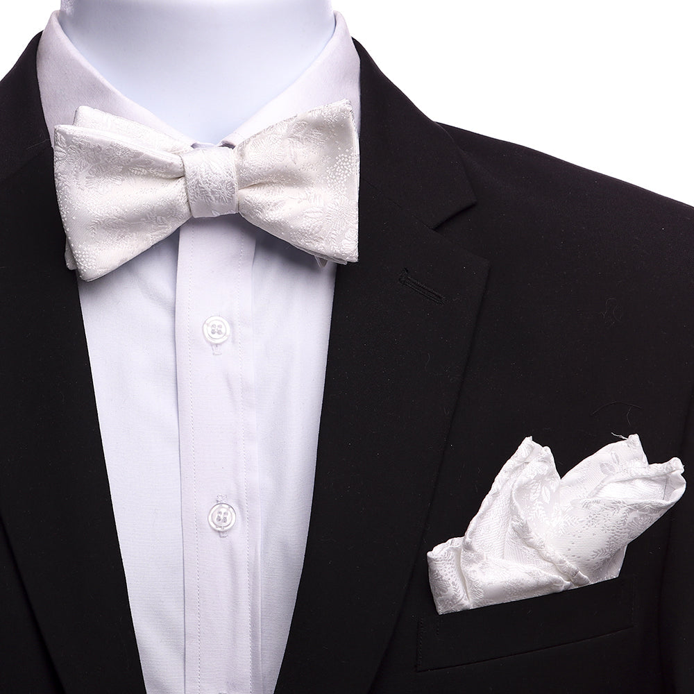 Men's White Floral Self Bow Tie with Handkerchief