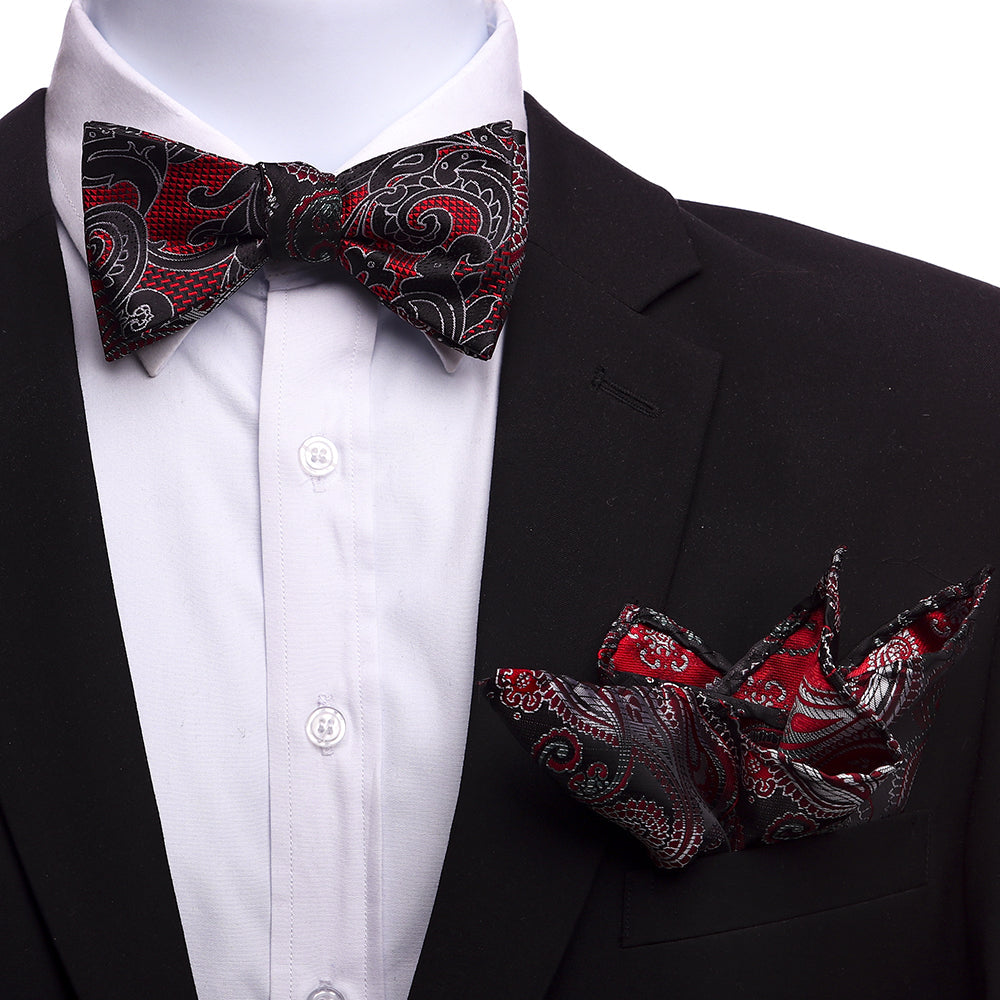 Men's Red & Black Self Bow Tie with Handkerchief