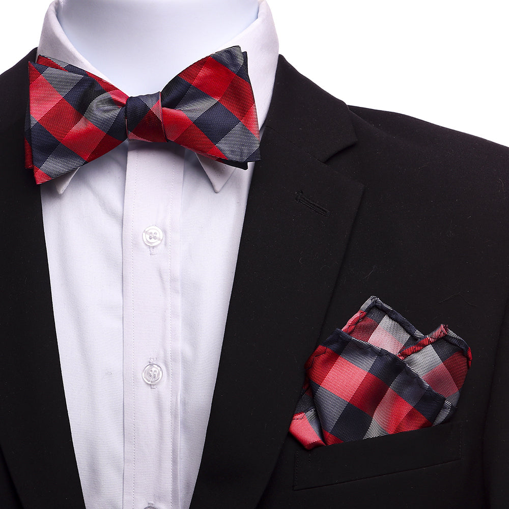 Men's Red & Black Plaid Self Bow Tie