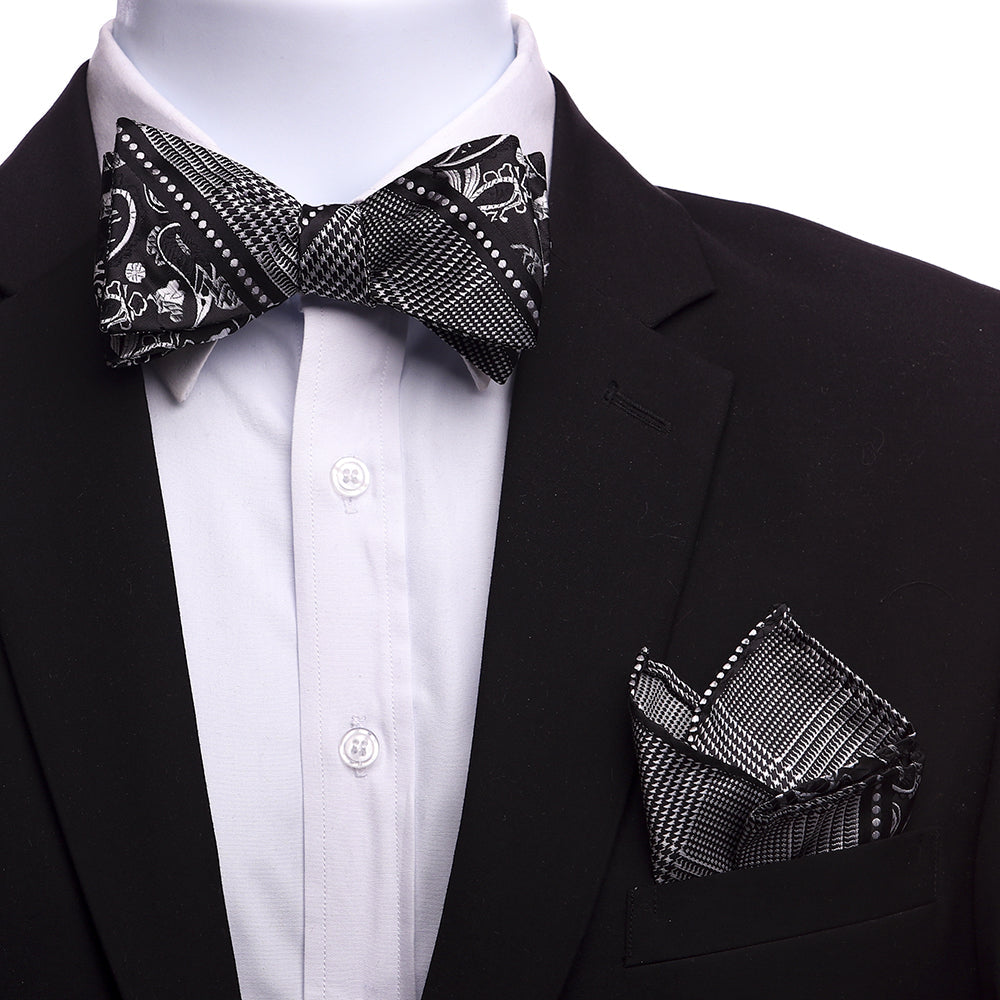 Men's Black And Silver Paisley Silk Self Bow Tie