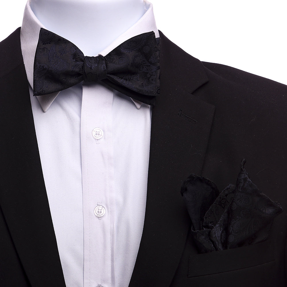 Men's Black Paisley Self Bow Tie with Handkerchief