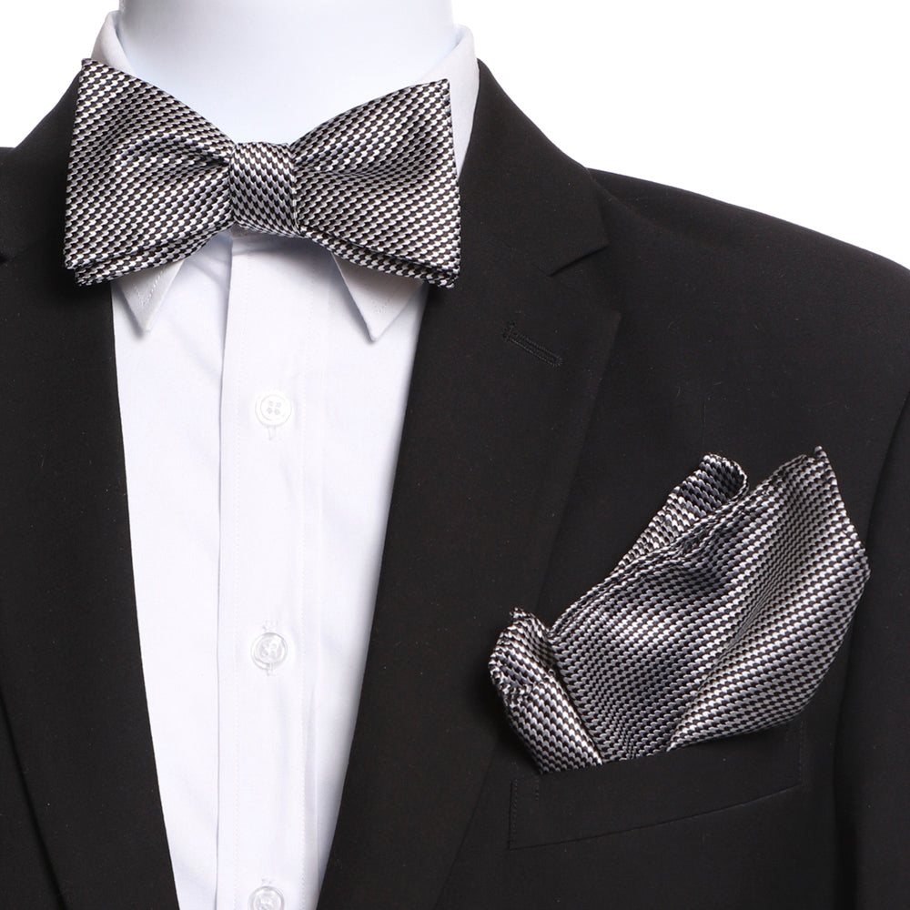 Men's Black & Silver Self Bow Tie with Handkerchief