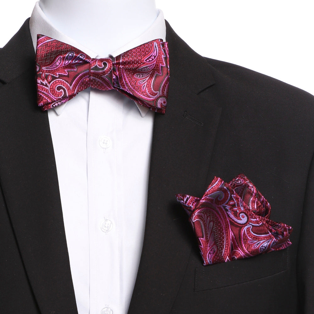 Men's Pink & Red Self Bow Tie with Handkerchief