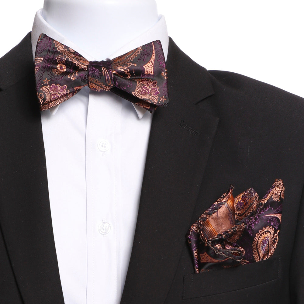 Men's Bronze, Black & Purple Self Bow Tie