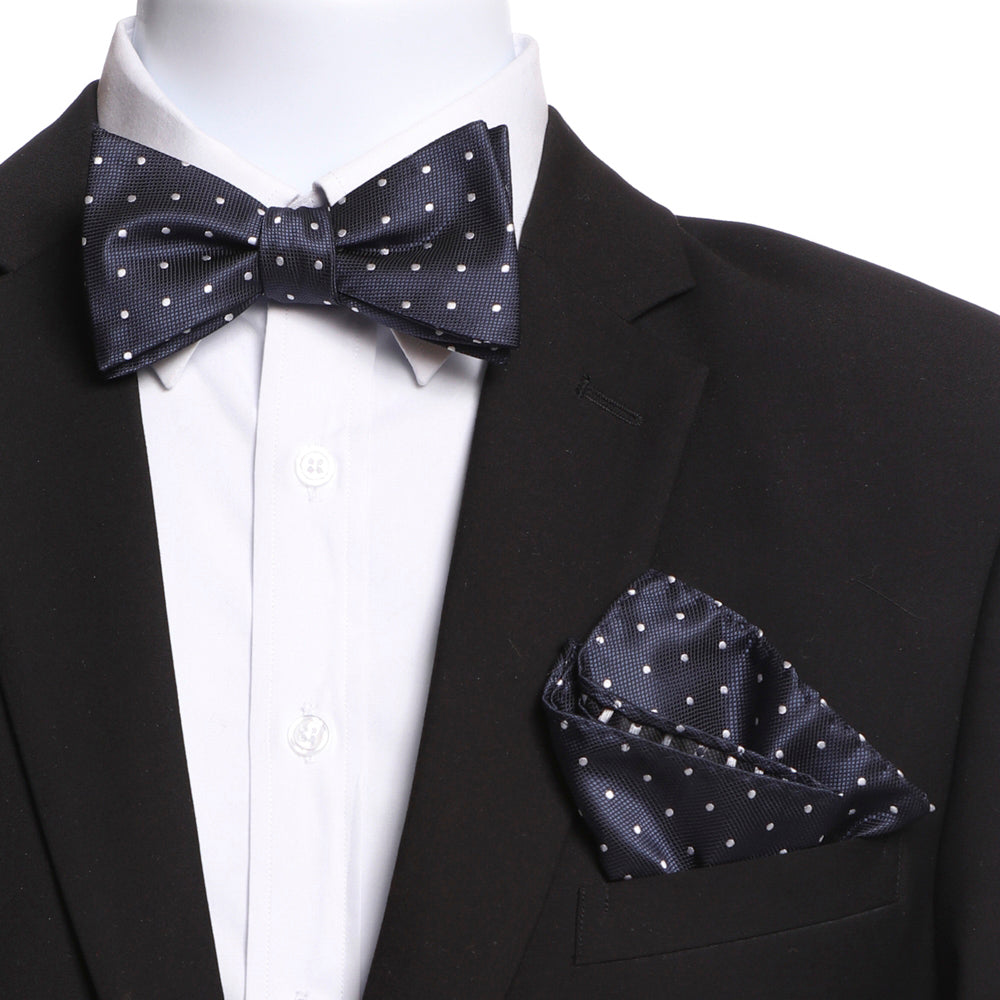 Men's Blue & White Self Bow Tie with Handkerchief