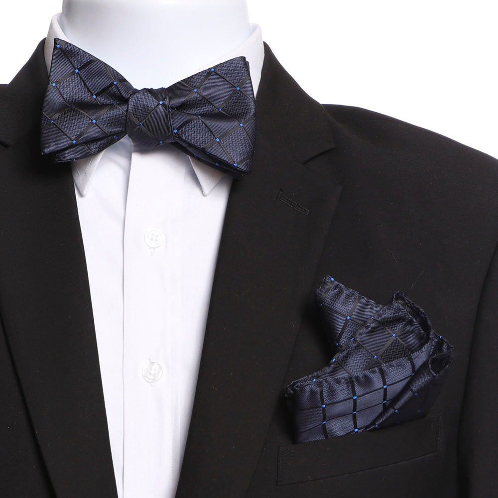 Men's Navy Blue Self Bow Tie with Handkerchief