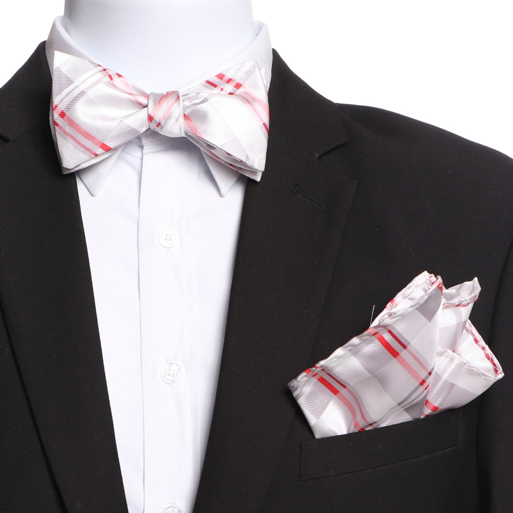 Men's White Grey Red Plaid Self Bow Tie