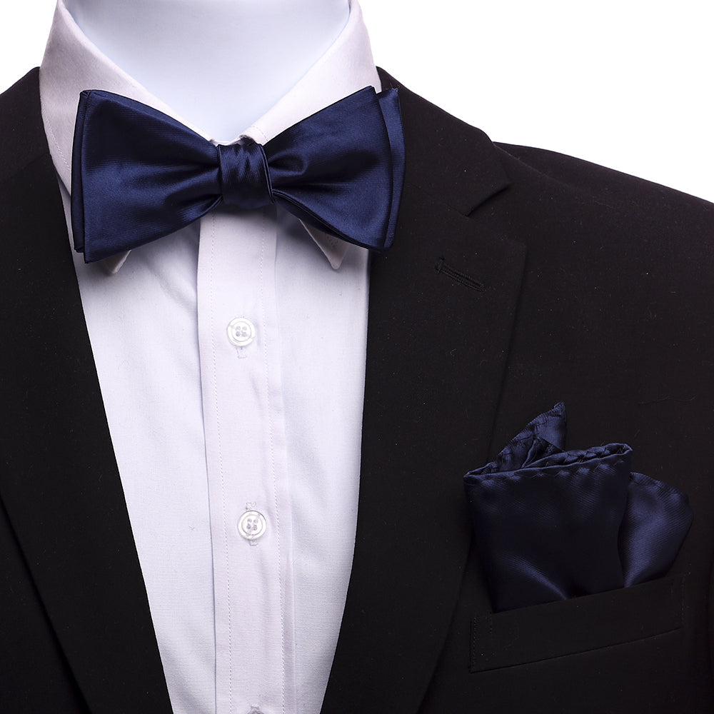 Men's Navy Blue Silk Self Bow Tie with Handkerchief