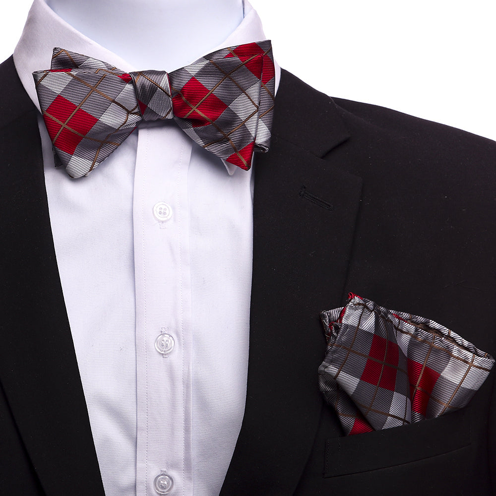 Men's Red And Grey Plaid Silk Self Bow Tie