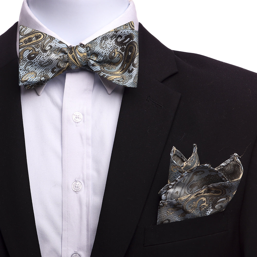 Men's Light Blue And Gold Silk Self Bow Tie