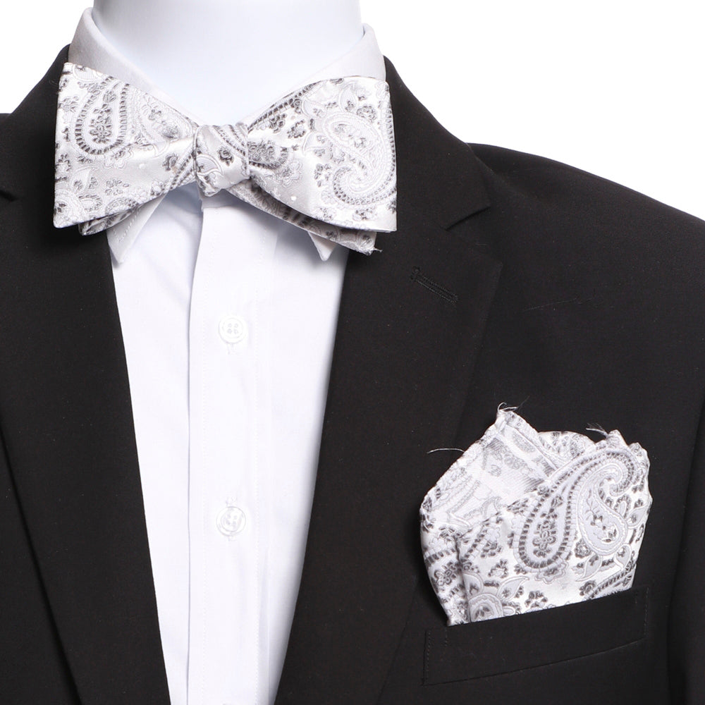 Men's White & Grey Self Bow Tie with Handkerchief