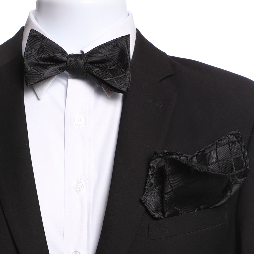 Men's Black Checkers Self Bow Tie with Handkerchief