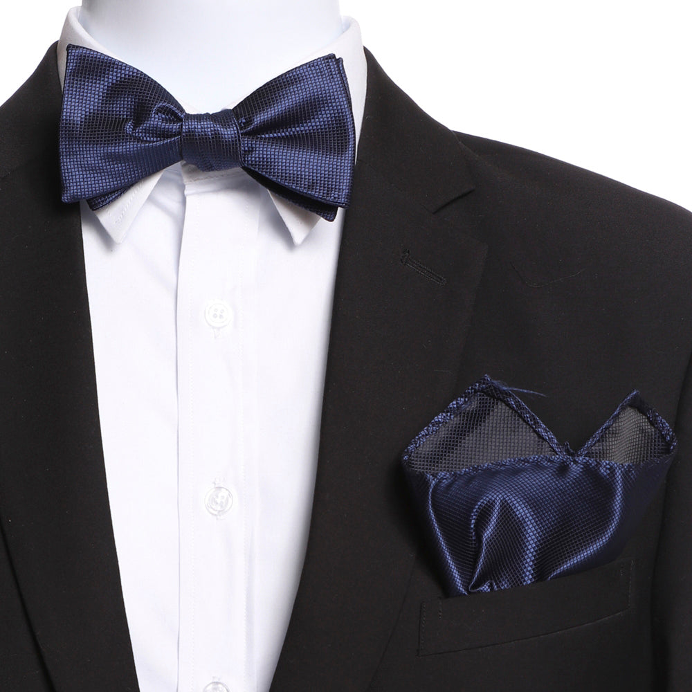 Men's Silk Navy Blue Self Bow Tie with Handkerchief