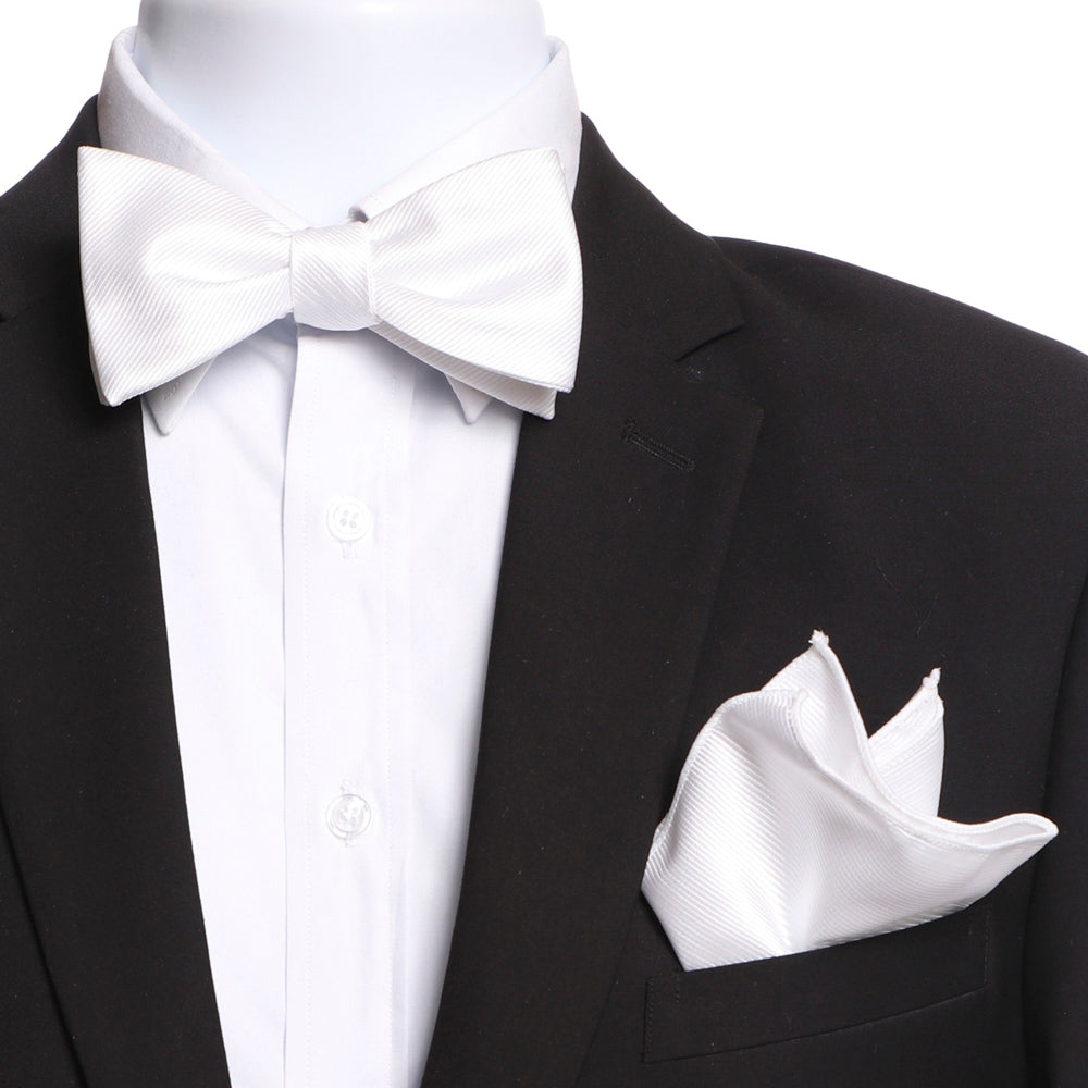 Men's White Self Bow Tie & Handkerchief