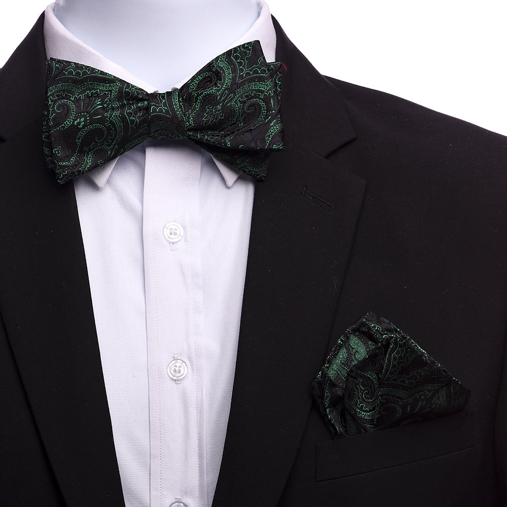 Men's Green Black Paisley Silk Self Bow Tie