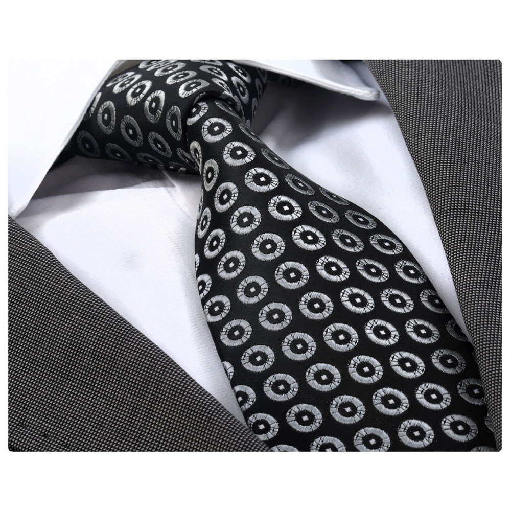 Men's Fashion Black White Champagne Circles Neck Tie With Box Gift