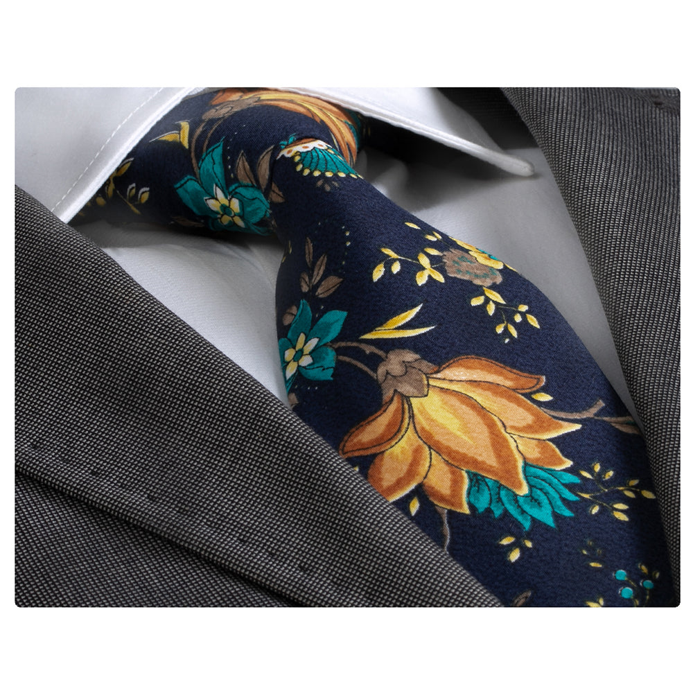 Navy Blue With Flowers Mens Designer Silk Necktie with Gift Box -