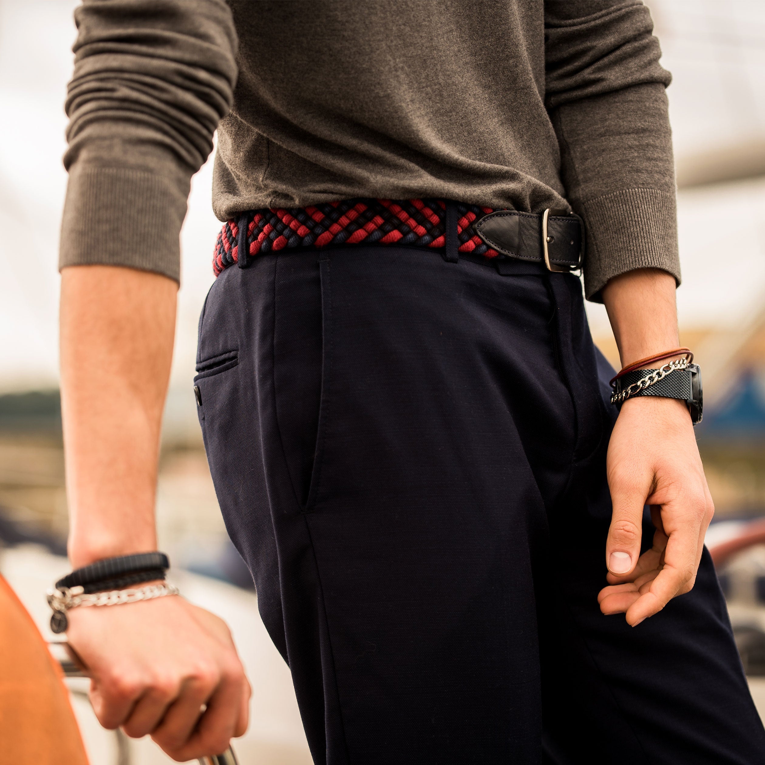 Braided Fabric and Leather Belt Red Sea