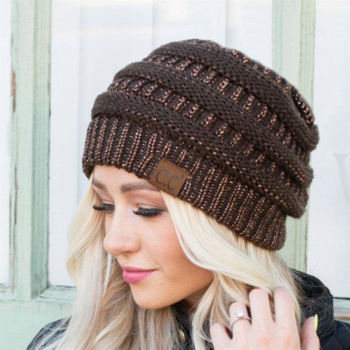 CC Cozy Metallic Cable Knit Skully Beanies Hats