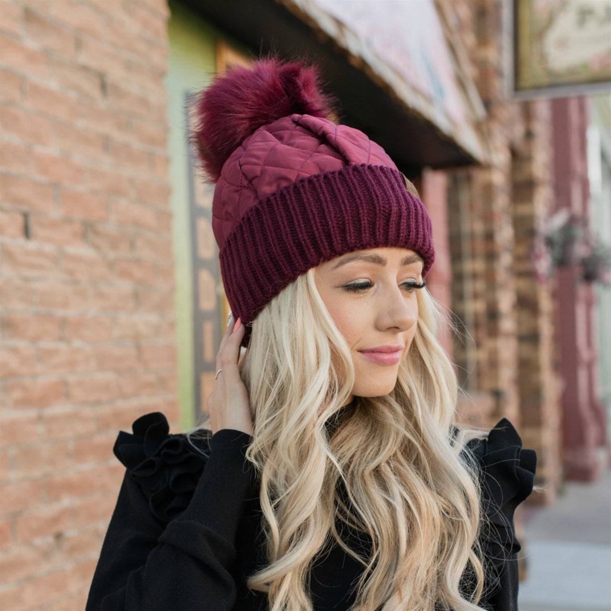 CC Quilted Puffer with Detachable Pom Beanies Hats