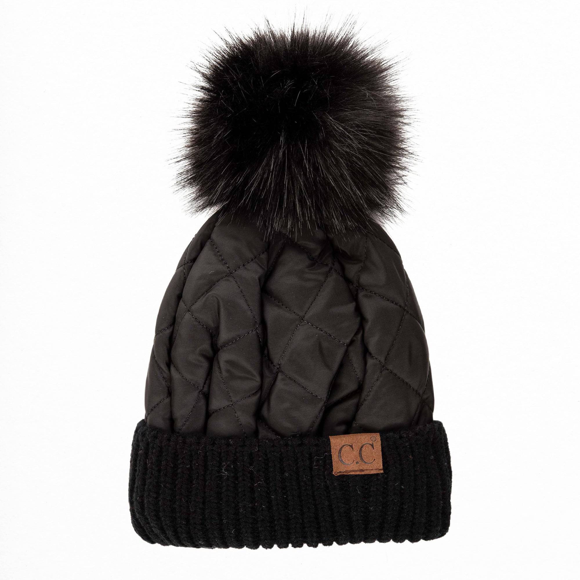 CC Quilted Puffer with Detachable Pom Beanies Hats