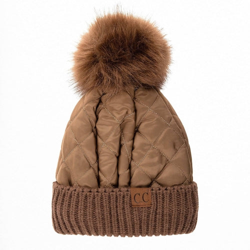 CC Quilted Puffer with Detachable Pom Beanies Hats