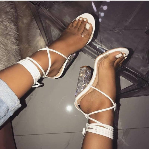 White Transparent Belt Thick-heeled High-heeled Sandals with Open-toed