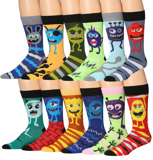 James Fiallo Mens 12 Pairs Funny Faces Striped Colorful Crew Socks