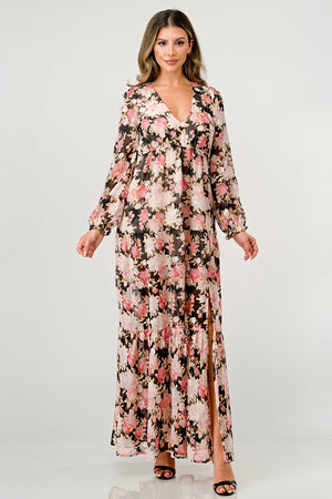 Long Sleeve Maxi Dress with High Slit and Tiered Skirt