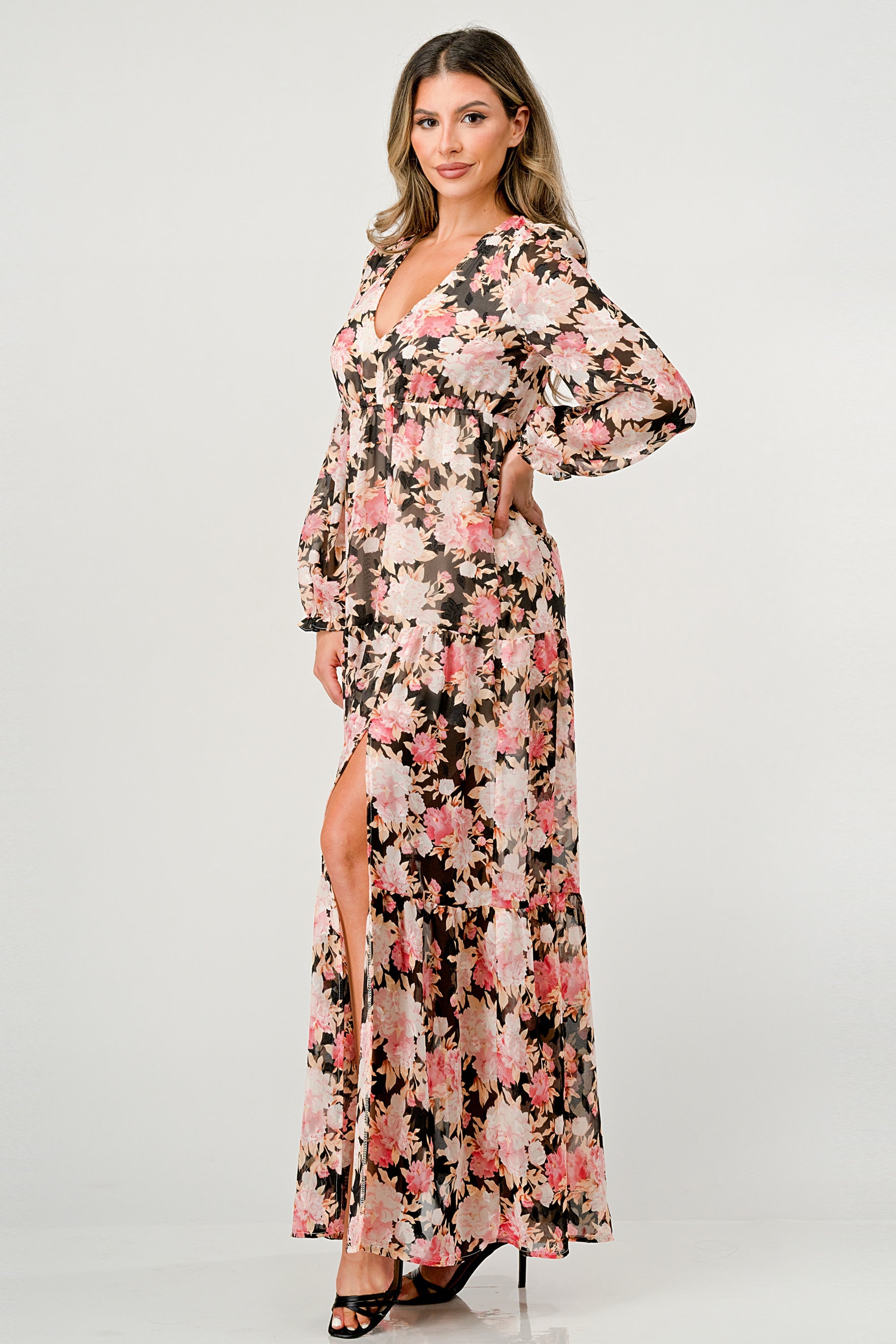 Long Sleeve Maxi Dress with High Slit and Tiered Skirt