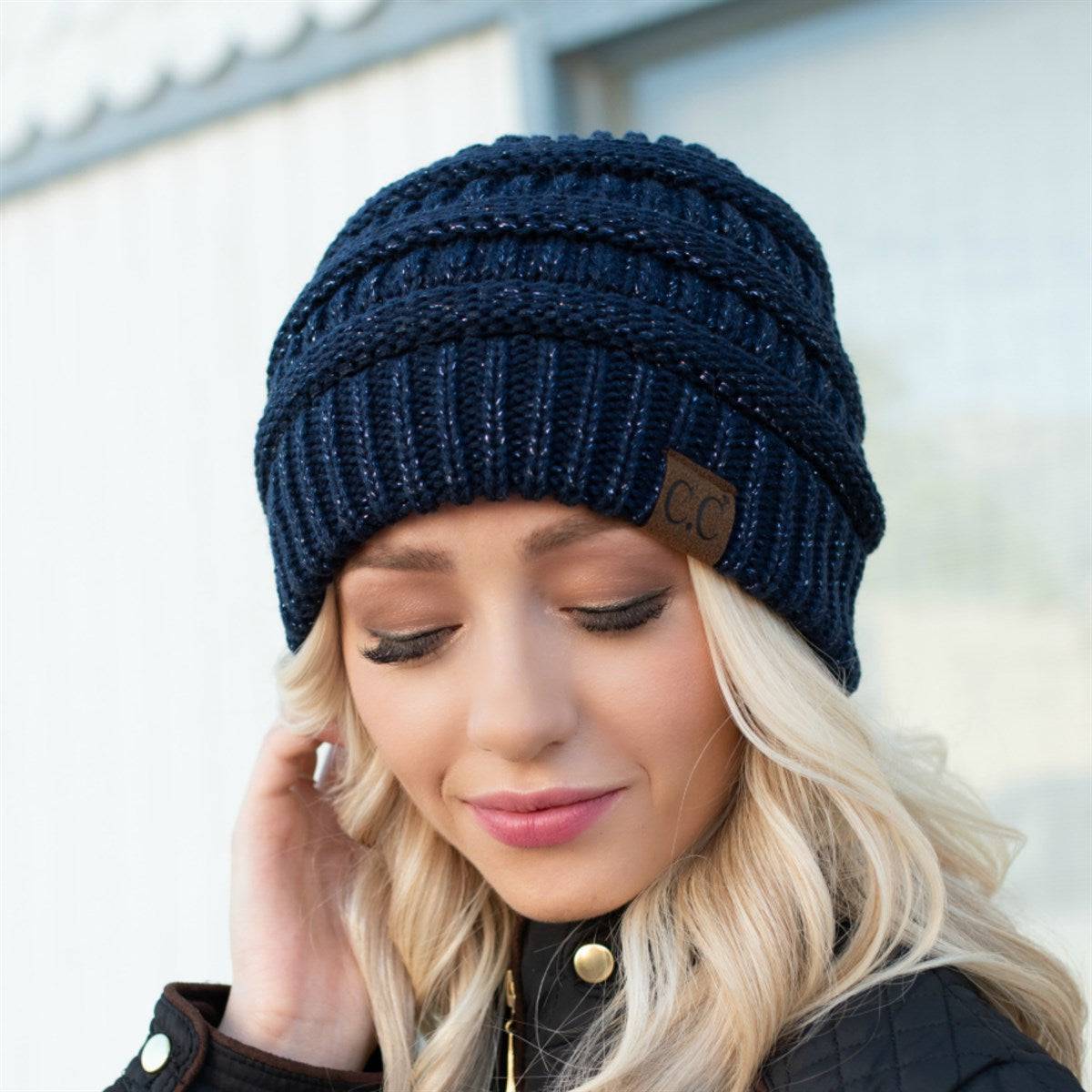 CC Cozy Metallic Cable Knit Skully Beanies Hats