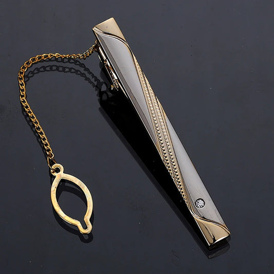 Gold & Silver Metal Tie Clip with Chain – Elegant Tie Clasp for Men