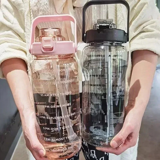 2L Sports Water Bottle with Straw & Time Marker – One-Click Open Hydration Jug