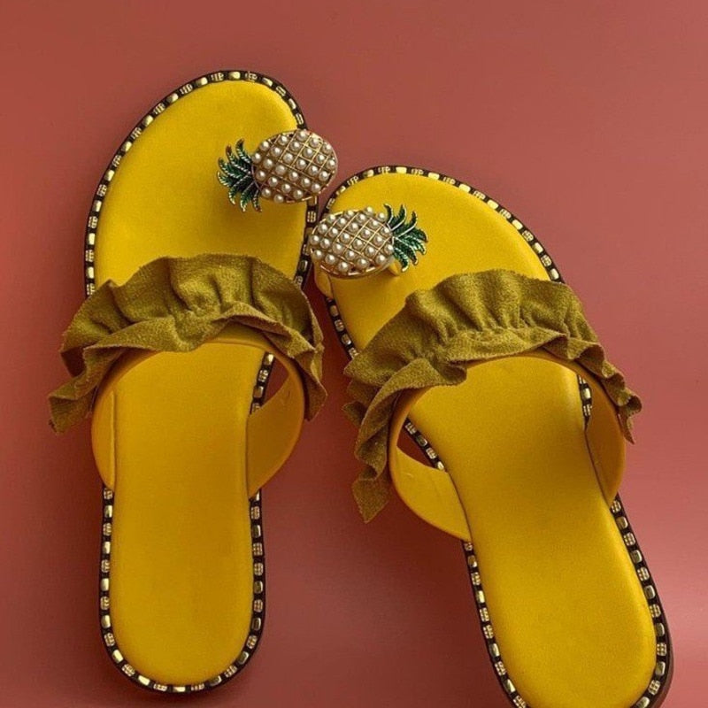 Flat Toe Casual Womens Slippers Pineapple Pearl Beach Slides