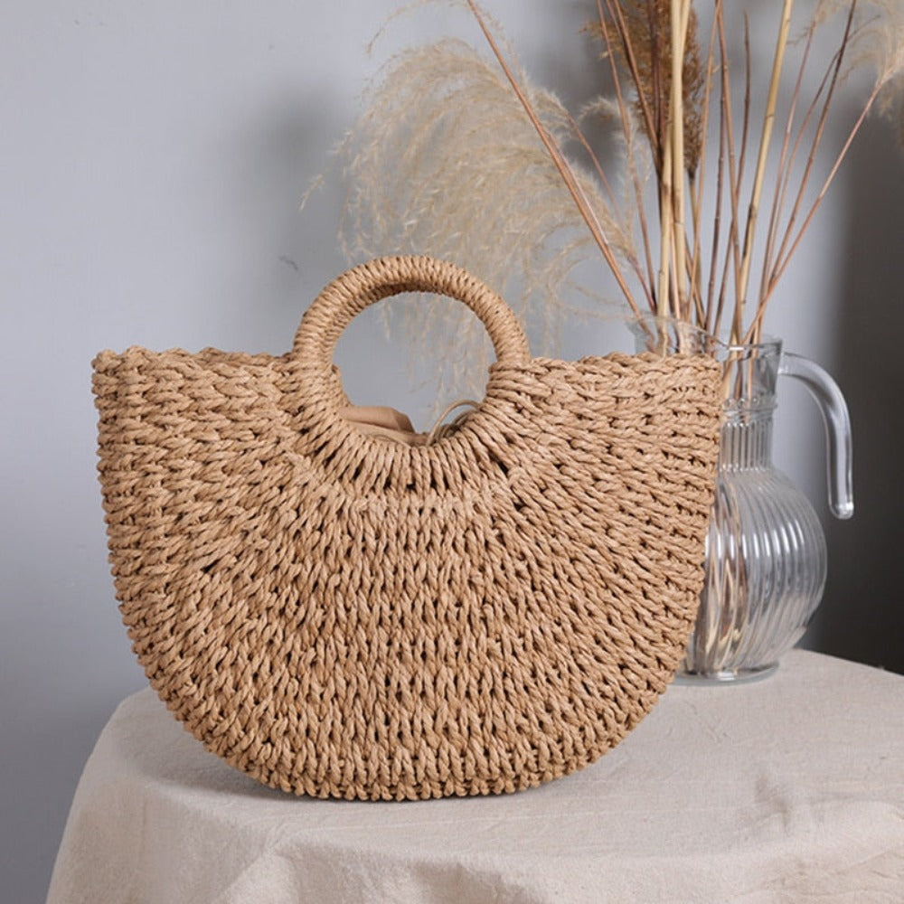 Summer Top Handle Semi Circle Straw Bag