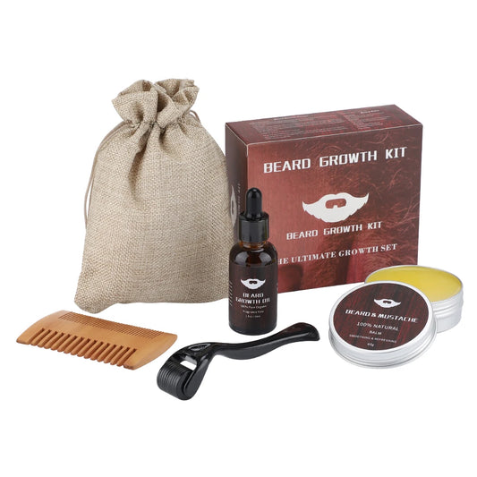 4pcs Beard Growth Kit for Men | Oil, Balm, Micro Needle Roller, Wood Comb