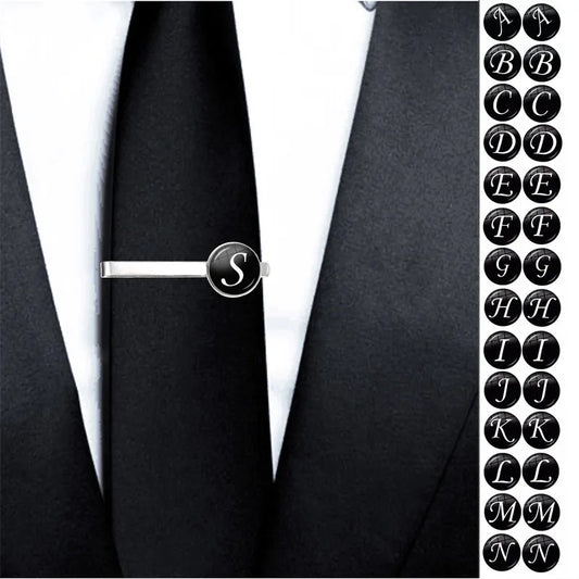 Alphabet Glass Cabochon Tie Clip – Personalized Letter Necktie Pin