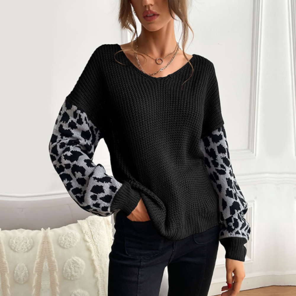 Womens V Neck Sweater With Leopard Print Sleeves-The Friend Kloset