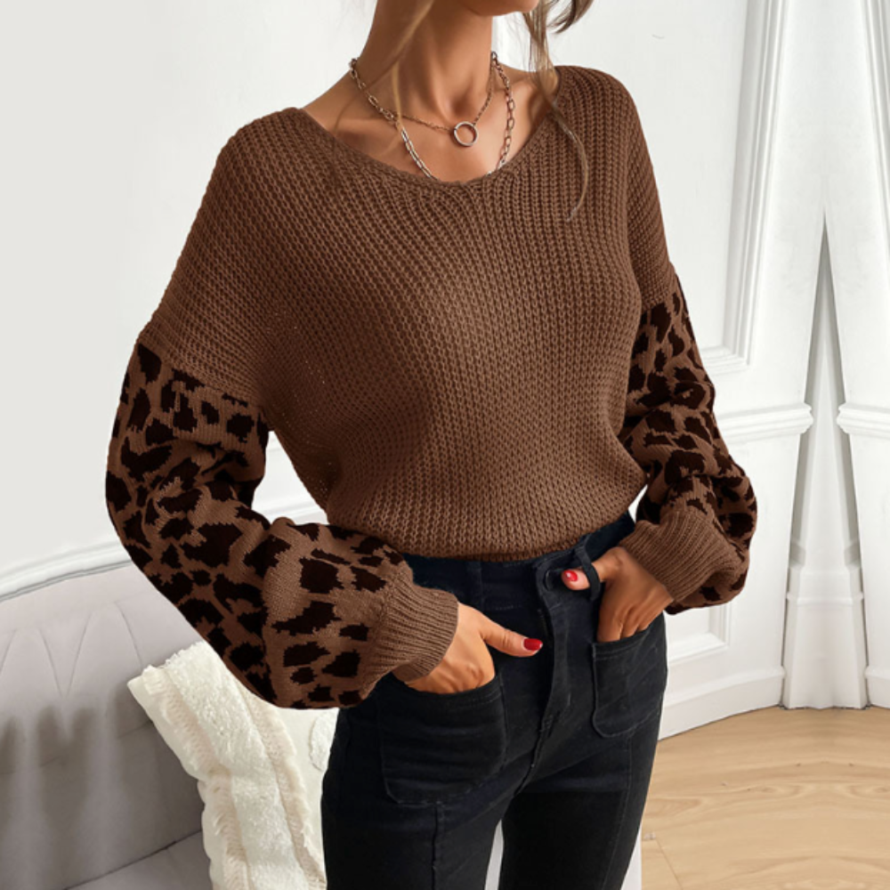 Womens V Neck Sweater With Leopard Print Sleeves