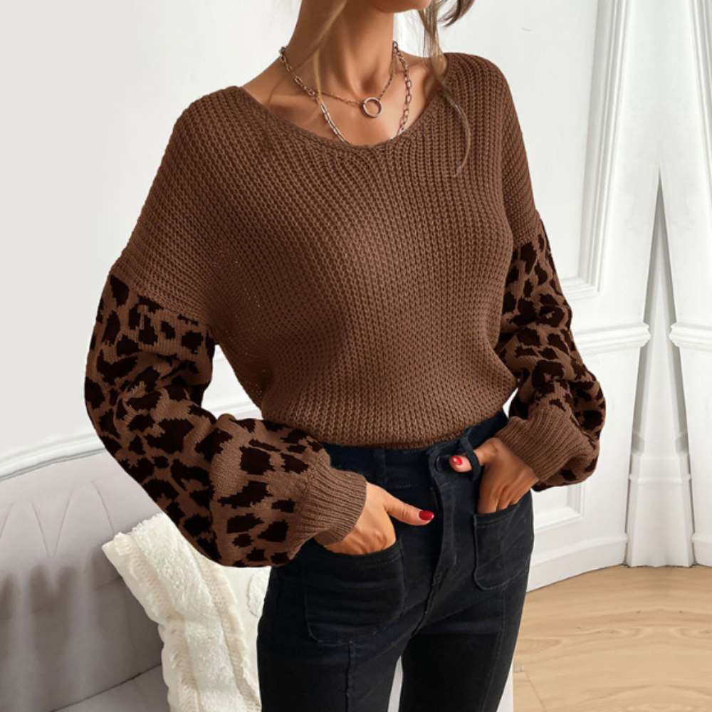 Womens V Neck Sweater With Leopard Print Sleeves-The Friend Kloset